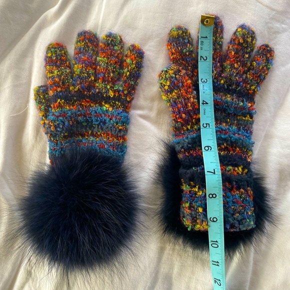 Multicolored knitted hat, scarf, and gloves with blue mink ball accents - Picture 3 of 5
